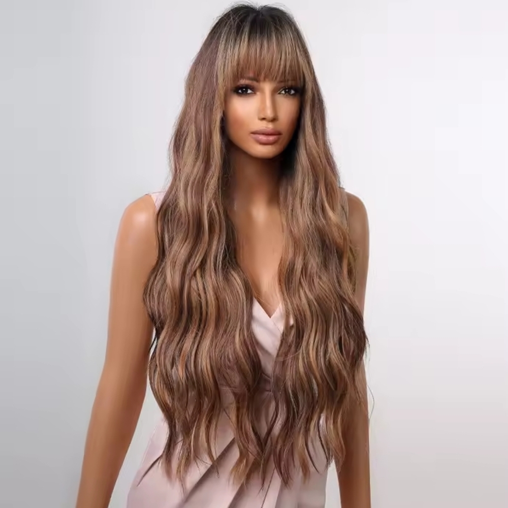 ALLAN EATON Long Wavy Ombre  Highlight Synthetic w/Bangs Heat Resistant Wig